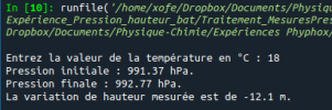 Résultat des mesures donné par le programme en Python